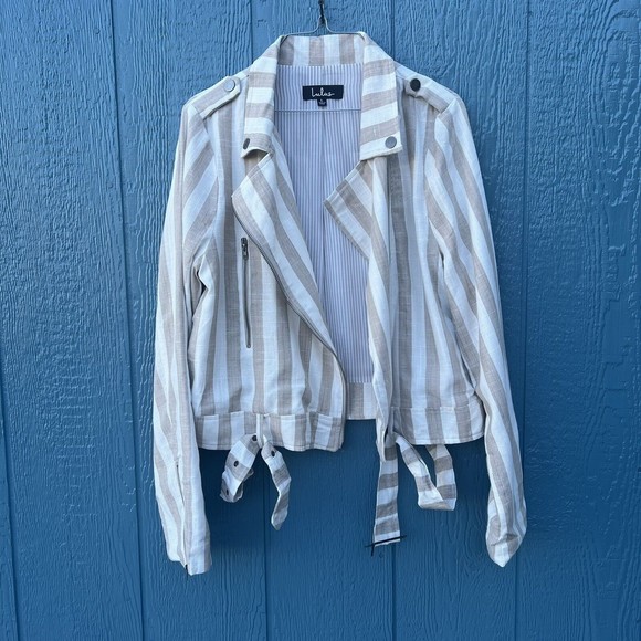 Lulu’s Vacation Signature Taupe and Ivory Striped Belted Moto Jacket Large NEW - Picture 2 of 14
